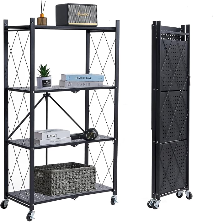BRIAN & DANY 4-Tier Foldable Storage Shelves with Wheels, Folding Metal Rack Shelving Unit, Heavy Duty No Assembly Organizer Shelf for Garage, Kitchen, Basement, Pantry, Black by BRIANDANY