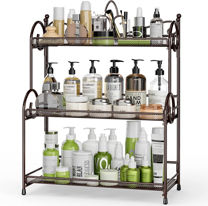 EKNITEY Bathroom Organizer Shelf Countertop - 3 Tier Spice Rack No Assembly | Kitchen Counter Organizer, for Skincare Makeup Vanity, Sturdy Metal Frame, Easy to Clean, Space-saving, Foldable, Brown by EKNITEY