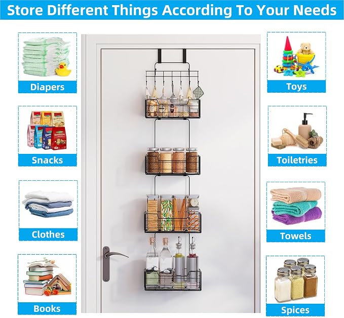 Over The Door Organizer Storage with 4 Metal Large Capacity Baskets | Adjustable Hooks, Behind Door Storage, For Bedroom Bathroom Kitchen Office Pantry Closet - Image 7