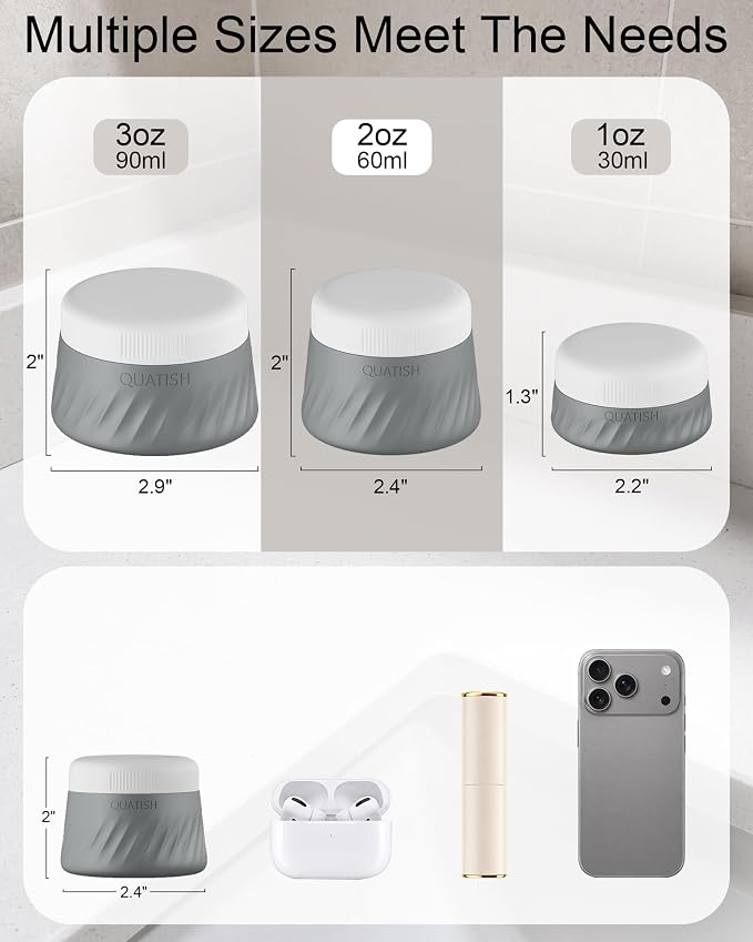 Quatish 6 Pack Travel Size Containers for Toiletries, 2oz, Grey | Leakproof, TSA Approved Silicone Jars, Easy to Clean, Portable Travel Essentials for Lotion Cosmetics Medicines and Jewelry - Image 3