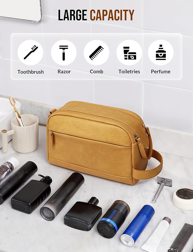 PU Leather Toiletry Bag for Men - Water Resistant Travel Bag for Toiletries, Bathroom Essentials, Accessories - Yellow - Image 4