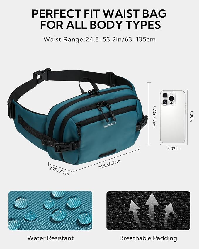 WATERFLY Fanny Pack Waist Bag: 3L Large RFID Anti-Theft for Travel | 180-Degree Opening Design, 5 Pockets, Nylon, Reflective Webbing, Adjustable Buckles, Hiking Daily Use, Women Men - Image 5