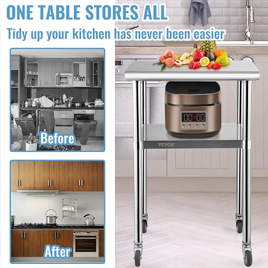 VEVOR Stainless Steel Prep Table, 24 x 24 x 33.5 Inch, 600lbs Load Capacity Heavy Duty Metal Worktable with Adjustable Undershelf & Universal Wheels, Commercial Workstation for Kitchen Garage Backyard - Image 4