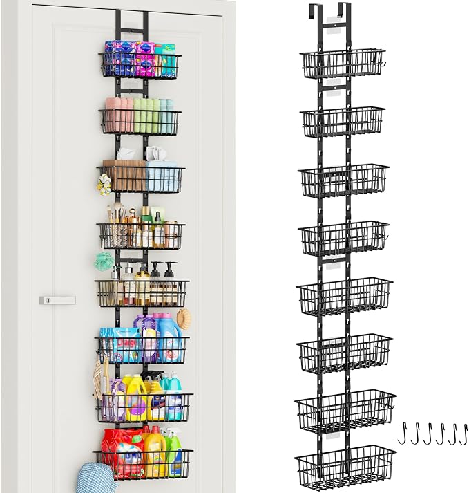 Hongtamoya 8 Tier Over The Door Organizer, Adjustable Hanging Door Organizer with 8 Wire Baskets 6 Hooks, Behind The Door Storage for Pantry Closet Bedroom Bathroom Cabinet Kitchen Laundry Room, Black by Hongtamoya