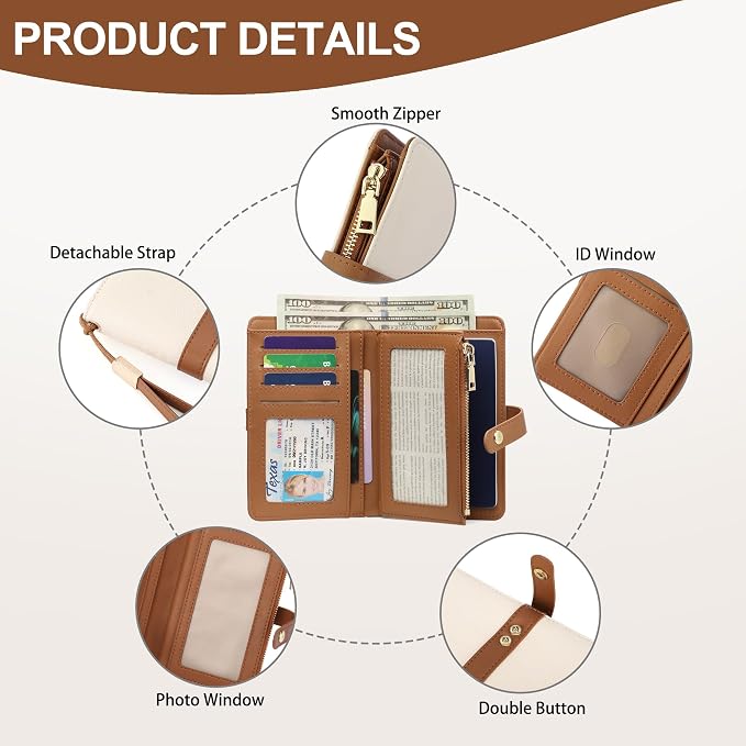Small Wallet Women RFID Blocking Vegan Leather Slim Thin Bifold Credit Card Wallet Passport Holder Ladies Travel Wallet Mini Purse with Zipper Pocket - Image 3