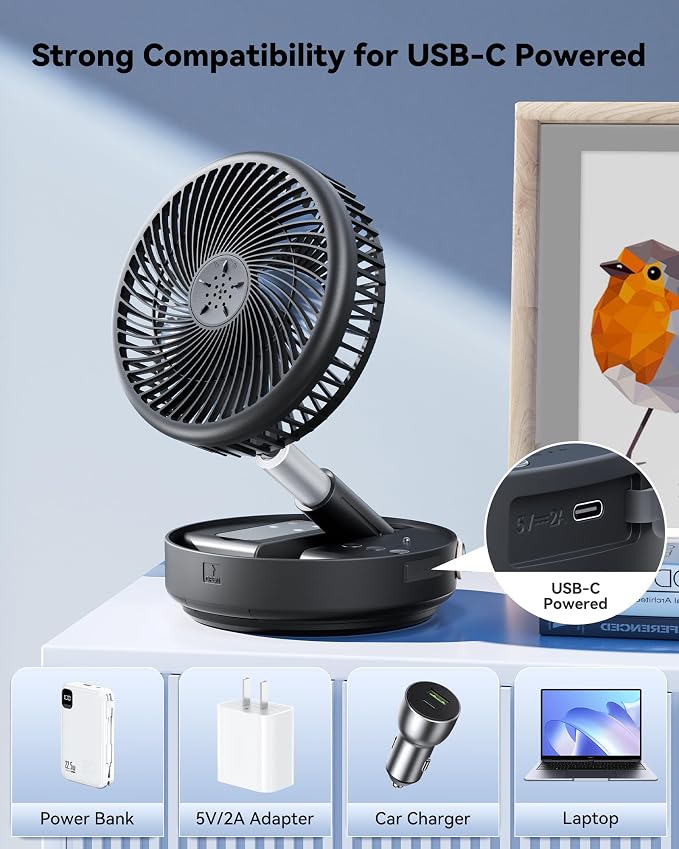 Portable Oscillating Travel Fan, 10400mAh Rechargeable Battery with Remote | Foldable, Floor Table Desk Fan ,8H Timer, 4 Speed Settings Pedestal Fan for Home Bedroom Sleeping Camping Cruise, Black 8" - Image 7