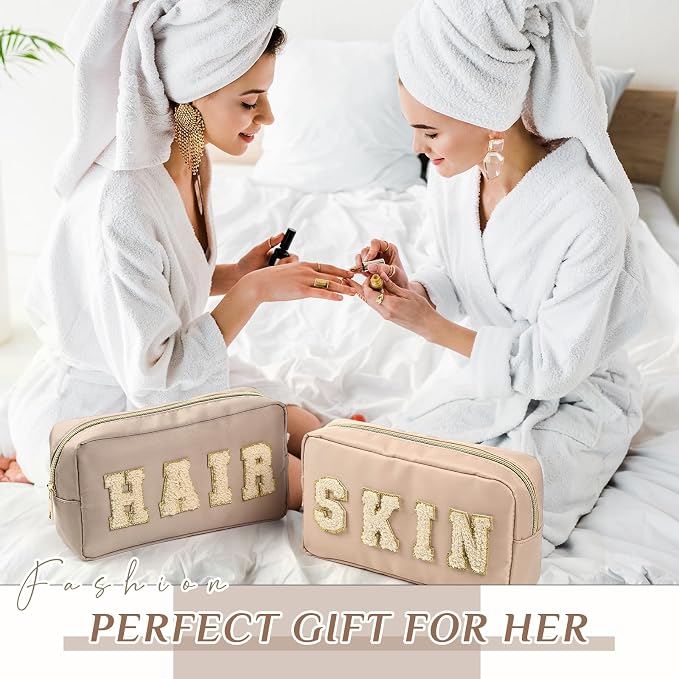 Preppy Makeup Bags Chenille Letter Stuff Bag Nylon Cosmetic Pouch Cases with Zipper for Women Travel Toiletry(Apricot Color,Classic,2 Pcs) - Image 7