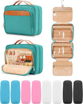 Travel Hanging Toiletry Bag for Women and Men, with 8 Leak Proofing Silicone Bottle Covers, Waterproof Makeup Accessories, Cosmetic Essentials, Toiletries Dopp Kit Set with Jewelry Organizer, Blue by COOSKY