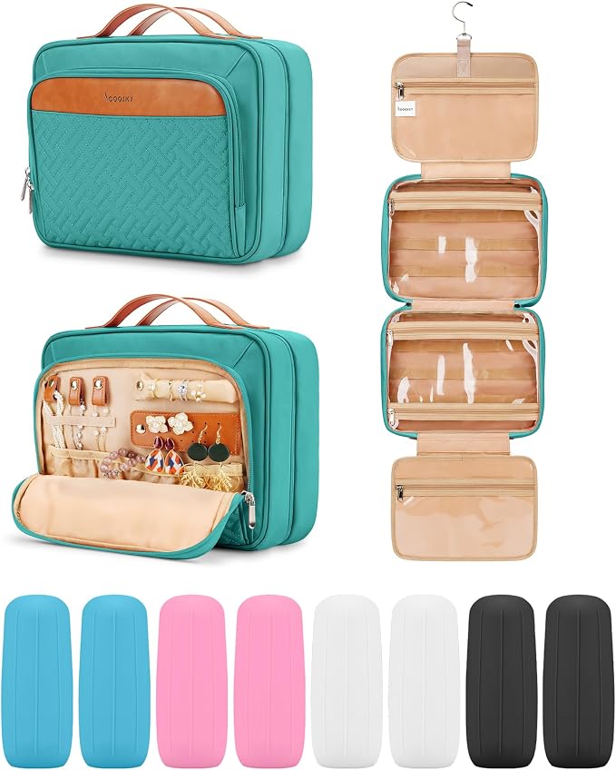 Travel Hanging Toiletry Bag for Women and Men, with 8 Leak Proofing Silicone Bottle Covers, Waterproof Makeup Accessories, Cosmetic Essentials, Toiletries Dopp Kit Set with Jewelry Organizer, Blue by COOSKY