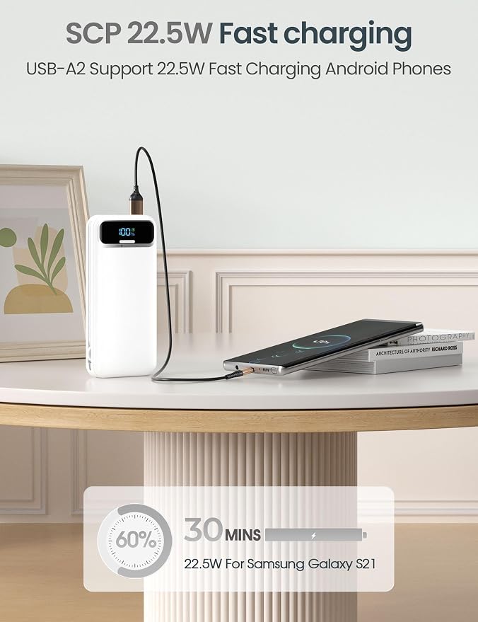 aonidi Portable Charger 12000mAh with Built-in Cables&AC Wall Plug, White | PD20W USB C Fast Charging,LED Display External Travel Power Bank,TSA approved Battery Pack for All iPhone,Samsung,Android - Image 6