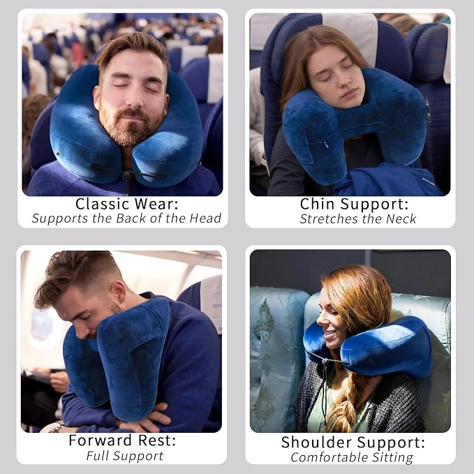 H-Shaped Travel Pillow with Snap-On Hood – Ergonomic Neck Support with Plush Velvet Cover, Instant Inflation & Compact Bag – for Airplane, Car, Office & Long Trips (Blue) - Image 2