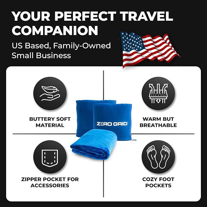 Zero Grid Lightweight Airplane & Travel Blanket with Foot Pockets, Blue | Compact Wearable Blanket with Neck Snaps, Zips & Converts to Soft Pillow for Ultimate Comfort - Image 2
