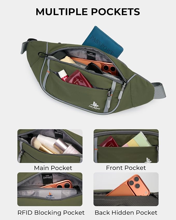 2.5L Fanny Pack for Women Men, RFID Blocking Crossbody Belt Bag, Green | Lightweight Water-Resistant Fabric, Adjustable Belt, Breathable Back Padding, Waist Bag for Running Hiking Dog Walking - Image 3
