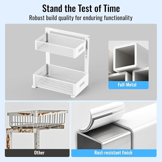 TISTAYA Full Metal Under Sink Organizer, Pull Out Cabinet Organizers and Storage, Silk-Smooth Sliding Drawer for Kitchen, Bathroom, Pantry, Cabinet, Closet (White, 2 Pack) - Image 6