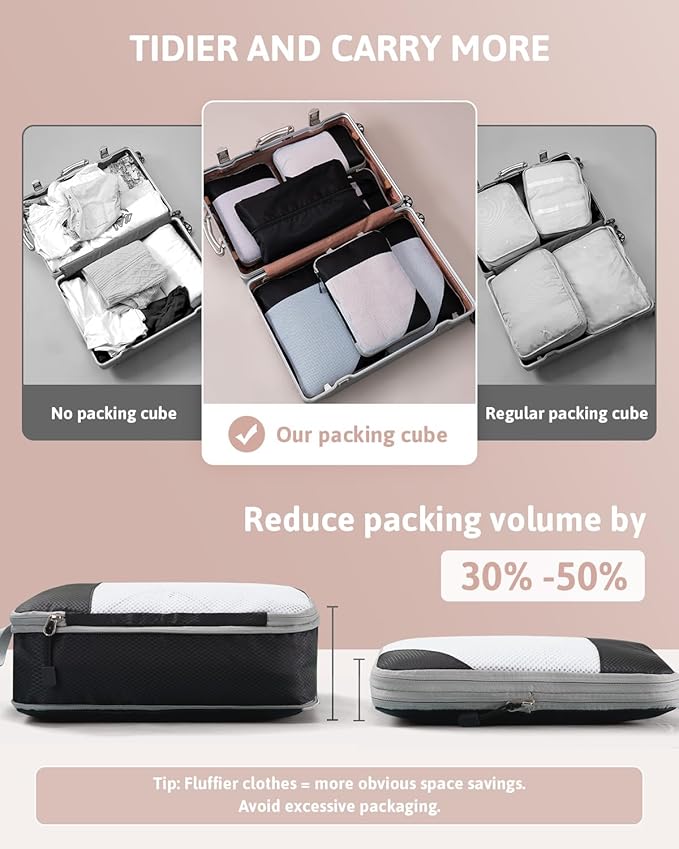 Meowoo 7 Set Compression Packing Cubes for Travel, Durable Ripstop Mesh Suitcase Organizer with Shoe Bag, Ultralight & Expandable Space Saver Travel Cubes - Image 3