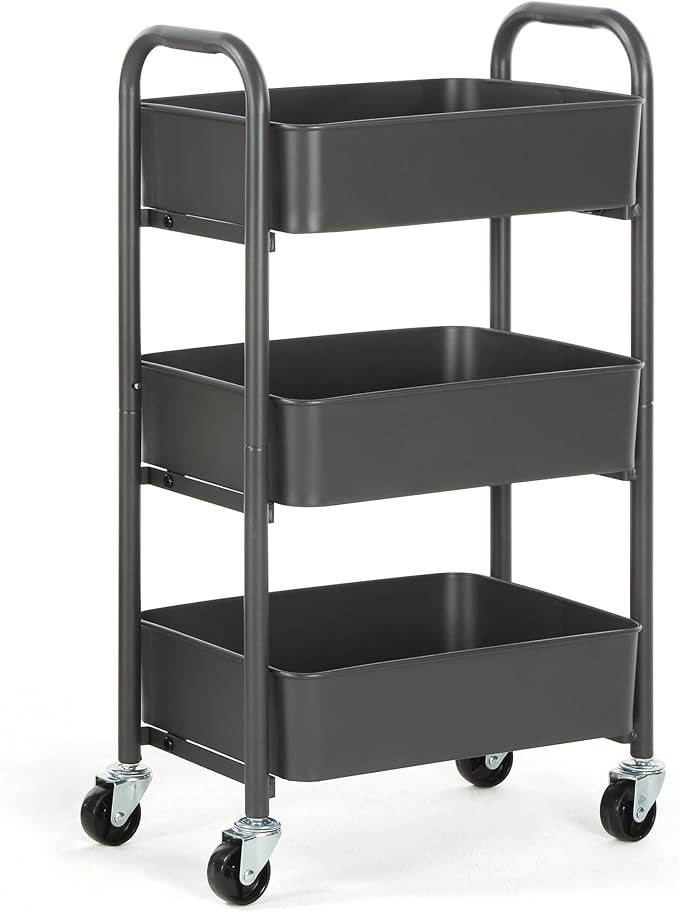 SunnyPoint 3-Tier Delicate Compact Rolling Metal Storage Organizer - Mobile Utility Cart Kitchen/Under Desk Cart with Caster Wheels (Gray, 15.35" X 10.24" X 26.8"H) - Image 4