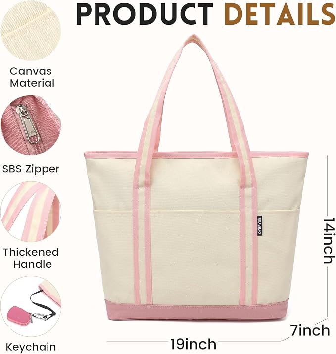 Large Canvas Tote Bag for Women, Beach Bag with Zipper, Utility Tote Bag with 3 Front Pockets, Weekender Pool Bag - Image 6