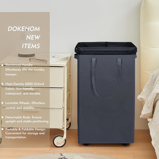 DOKEHOM 90L X-Large Rolling Laundry Basket Hamper on Wheels, Grey | Collapsible clothes hamper with removable mesh wash bag. High-capacity foldable washing bin organizer - Image 2