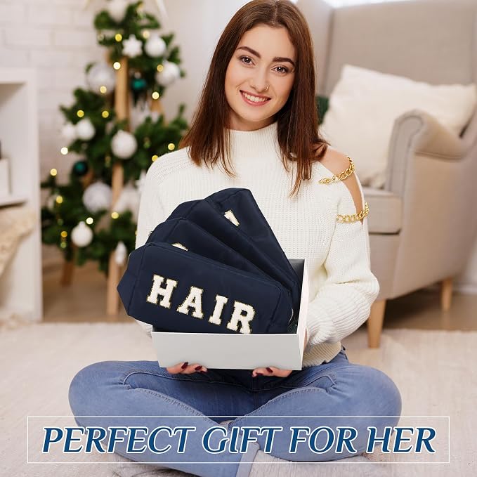 Preppy Makeup Bags Chenille Letter Stuff Bag Nylon Cosmetic Pouch Cases with Zipper for Women Travel Toiletry(Dark Blue,Classic,4 Pcs) - Image 3