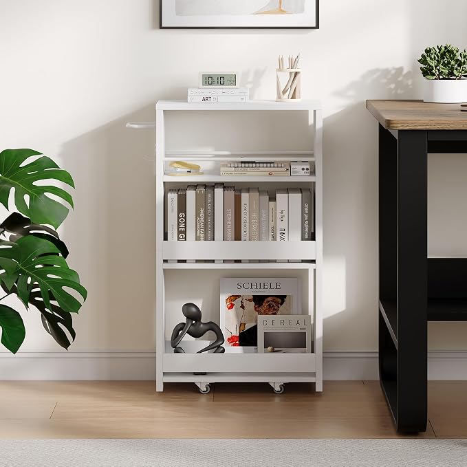 ChooChoo 4-Tier Bathroom Storage Cart, 7.87 inches Wide Narrow Storage Cabinet with 360° Wheels and 2 Hooks, Laundry Room Storage Organizer for Kitchen, Narrow Places, Living Room, White - Image 6