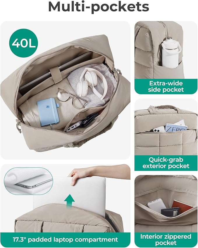 BAGSMART Gym Bag for Women, Carry on Travel Duffel Bag, Water-resistant Weekender with Shoe Compartment for Gym Travel Work, Khaki, Large - Image 6