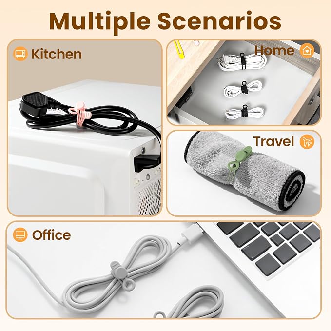 30 Pcs Silicone Cable Ties, Reusable Data Cable Organizer Wire Organizers for Office, Multipurpose Elastic Cord Wraps Cable Management for Charging Cord,Appliances,Home,Office,Kitchen,School,Travel | High Elastic, Multipurpose, Cable Management for Cha... - Image 6