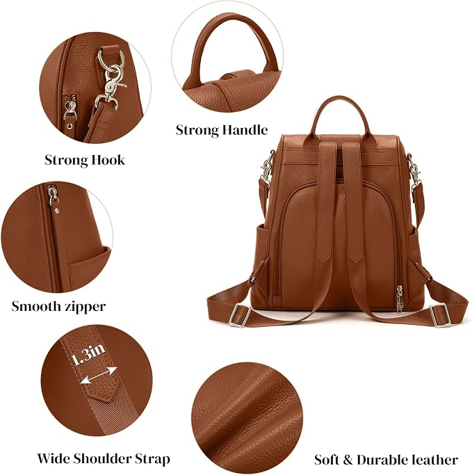 Leather Backpack Purses, Anti-theft Genuine Leather Backpack Bags for Women, Large Capcacity Fashion Convertible Shouler Bags for School Travel Daily - Image 5