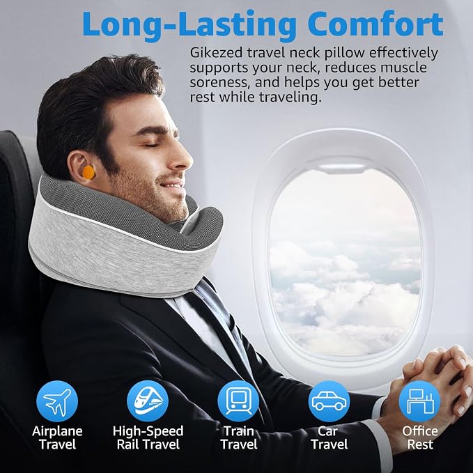 Memory Foam Travel Neck Pillow | Ergonomic 360 Degree Head Support for Airplane, Car and Office Sleeping, with Breathable Cotton Cover and Carry Bag, Gray-2 - Image 4