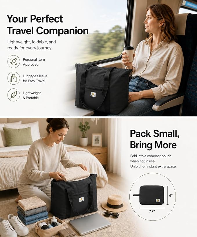 Foldable Travel Bag, 26L Duffle Bag for Travel, Expandable Second Carry-On Bag for Travel & Shopping, Water-Resistant Personal Item Bag, Black - Image 8