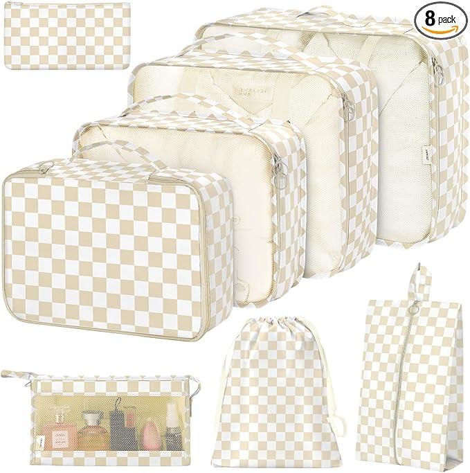 8 Set Packing Cubes for Suitcases,Packing Cube with Shoe, Cosmetics, Clothing, and Accessories Bags Packing Cubes for Travel Luggage Organizer Women Men(Khaki Checkered) by Hatisan