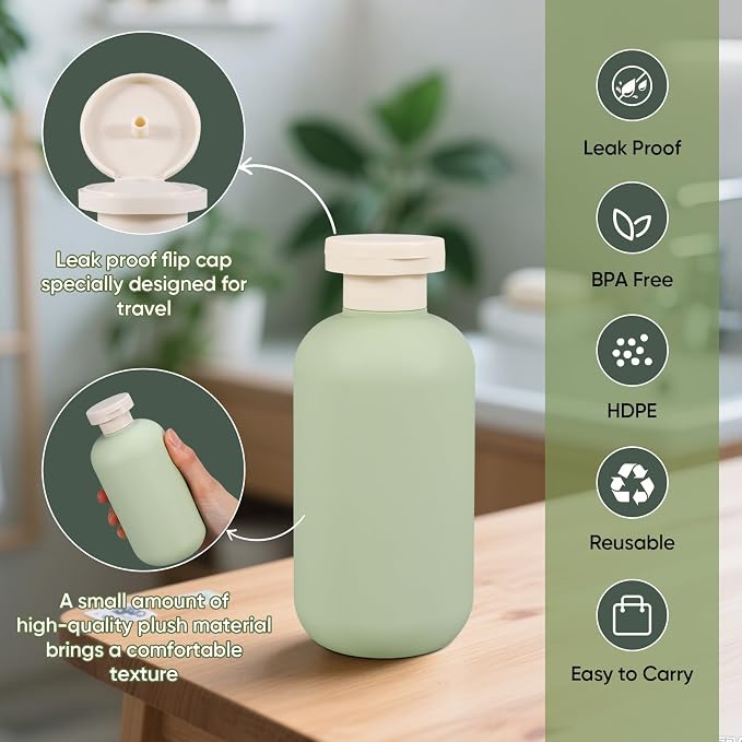 DEMORA 6.6oz Travel Bottles for Toiletries, Larger Plastic Travel Squeeze Bottles Leak Proof Refillable Toiletry Containers with Flip Caps and Labels for Shampoo Conditioner Lotion (Green, 4 Pcs) - Image 2