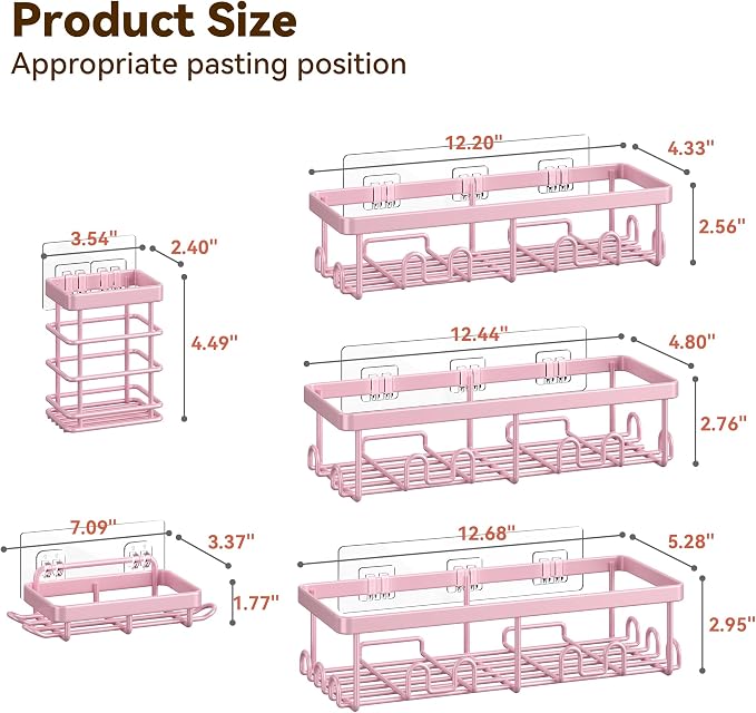 Shower Caddy Adhesive, Rustproof Shower Organizer, Wall Shower Rack | Large Capacity Shower Shelves for Inside Shower, Shampoo Shower Holder, Pink, 3 Caddies, 1 Soap Dish, 1 Toothbrush Holder - Image 2