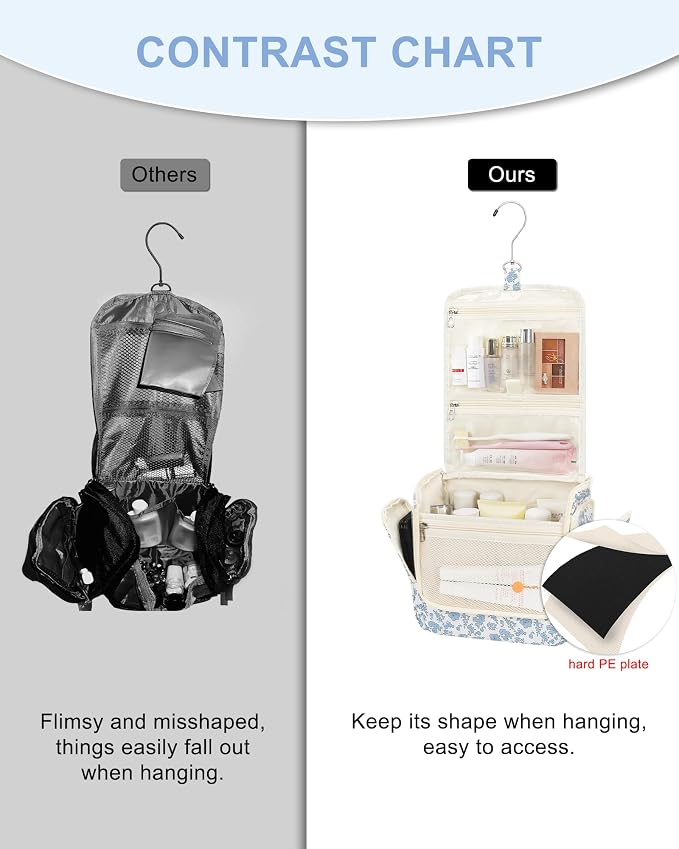 Relavel Hanging Toiletry Bag for Women, Travel Makeup Organizer Bag, Floral | Large Traveling Toiletries Bag Cosmetic Storage for Travel Size Essentials Kit Shower Caddy Bag for Bathroom Plane Beach Gym - Image 5