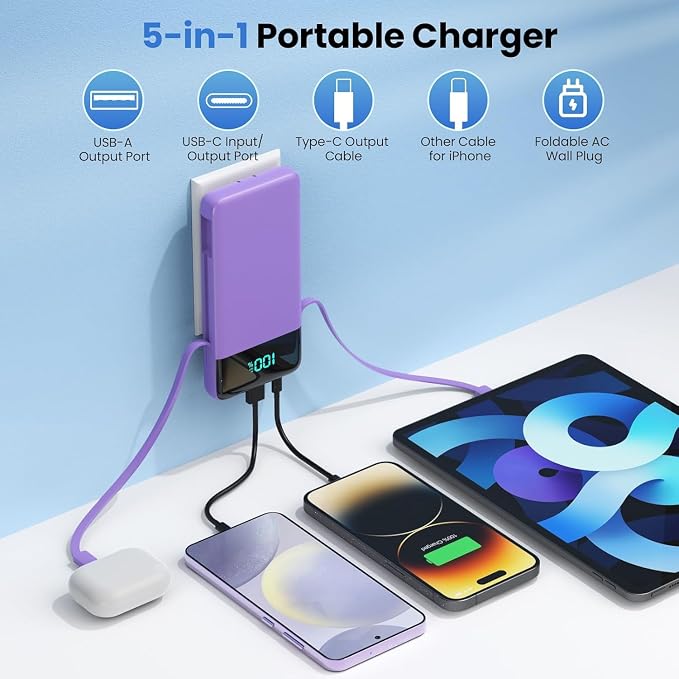 Portable Charger with Built-in AC Plug and Cables,13800mAh All in One USB C Fast Charging Power Bank,Travel Essentials Portable Phone Charger Battery Pack for iPhone 17/16/15/13,Galaxy,Android-Purple - Image 2
