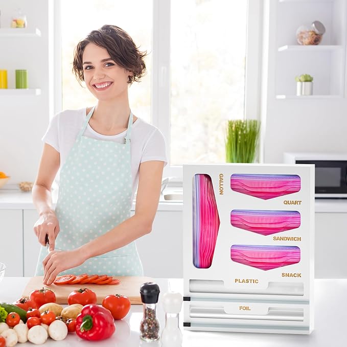 6 in 1 Bag Organizer and Wrap Dispenser with Magnetic Lid - Plastic Wrap Dispenser with Cutter for Kitchen Drawer, Storage for Gallon, Quart, Sandwich, Snack Bags, and Foil White - Image 7