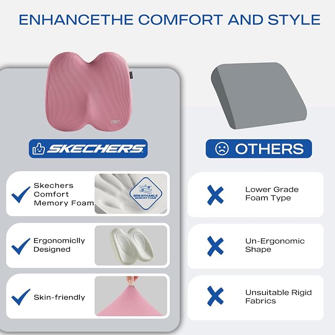 Skechers Seat Cushion, Ergonomic Memory Foam Cushion for Long Sitting Hours on Office & Home Chair, Car Seat Cushion for Sciatica, Coccyx Cushion,Pink - Image 6