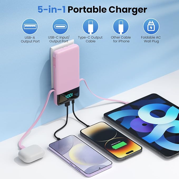 Portable Charger for iPhone with Built in Cables and Wall Plug,Upgraded 13800mAh Fast Charging USB C Power Bank,4 Outputs Travel Essential Battery Pack Compatible with iPhone 17/16/15/14,Galaxy-Pink - Image 2