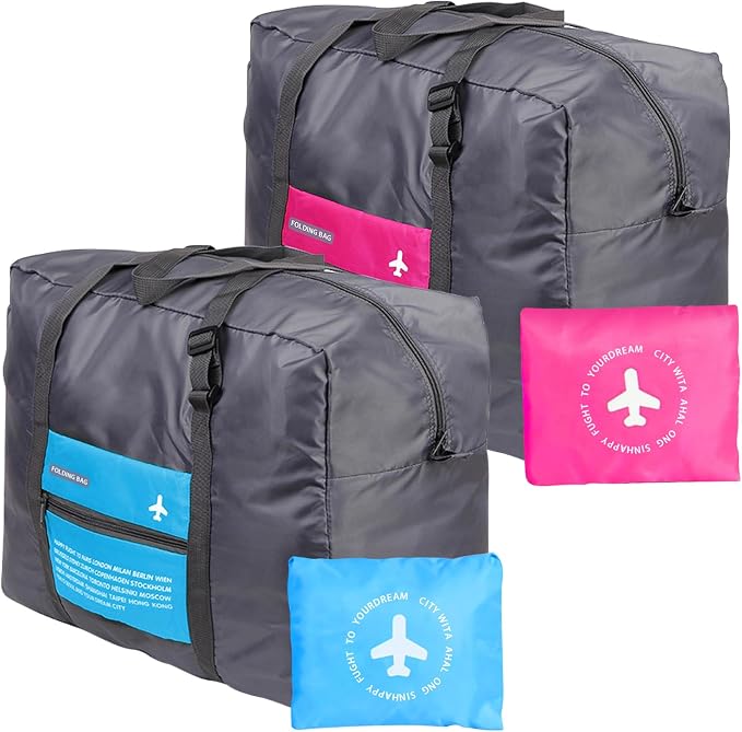 Foldable Travel Duffel Bag 2PCS Sports Gym Tote Water Resistant Carry on Luggage bag Weekender Overnight Bag (Pink+Blue) by INVODA