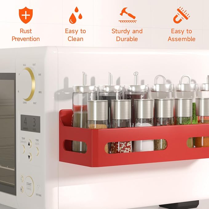 4-Pack Magnetic Spice Rack for Refrigerator with Hooks, Red | Strong multipurpose magnetic shelf for kitchen & bathroom organization. Includes 4 removable hooks for hanging items. - Image 5
