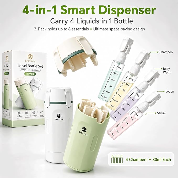 4 in 1 Travel Dispenser Bottle Four One Items Toiletry Containers Shampoo for Toiletries 4in -1 Soap 4-in-1 Leak Proof Rotatable Setpump Creams Sized TSA Refillable Lotion Cosmetic to Fill (Green) - Image 2