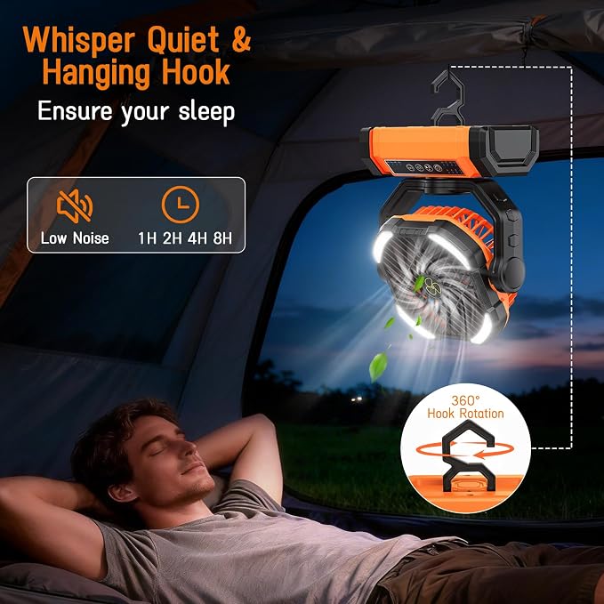 Camping Fan Rechargeable, Large Capacity Battery Powered Fans - Orange | LED Light, 4-Speed, Cordless, Hanging Hook, 270° Adjustable, Quiet, Lightweight, Battery Operated Fan for Tent Beach Outdoor - Image 5