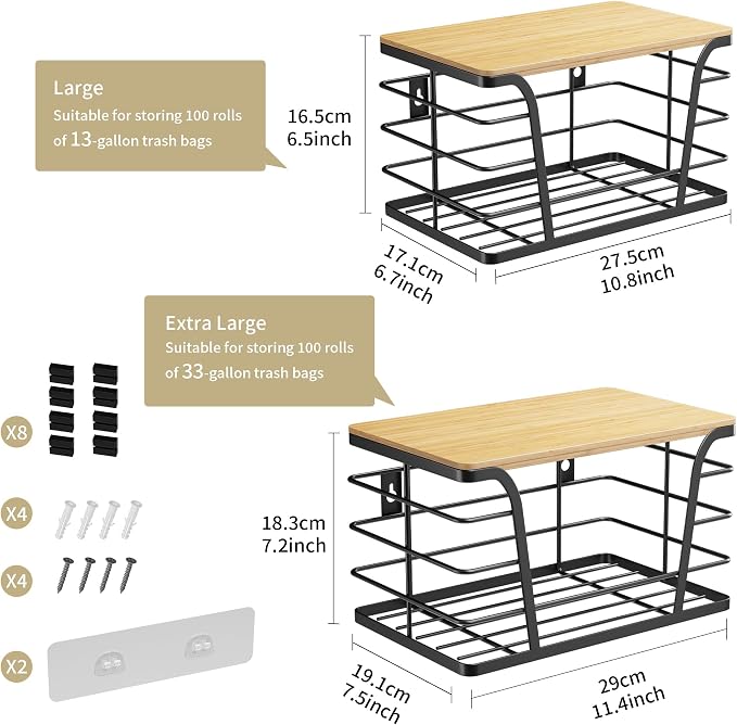 TIDIIABODE 2 Pack Extra Large Pantry Storage Organizers, Pantry Baskets organization, Potato and Onion Storage Bin, Wall Mount Trash Bag Storage for 13-33 Gallon Bags with Bamboo Top, Black - Image 3