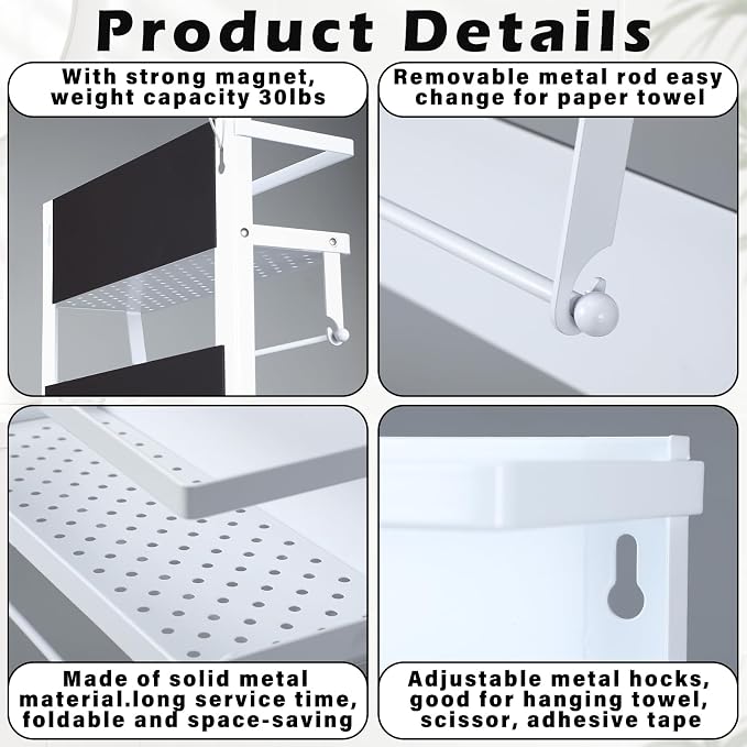 Vercraft Magnetic Dorm Fridge Organizer Heavy Duty Metal 66lbs over Dorm Fridge Shelf Essentials Side of Fridges Paper Towel Holder with Storage Shelf Hooks Magnetic Spice Rack for Room Kitchen(White) - Image 3