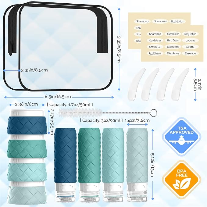 16 Pack Travel Bottles for Toiletries, TSA Approved Travel Size Toiletries Containers Set, BPA-Free Silicone Leak Proof Refillable Bottles Stackable Creams Jars Accessories Kit W/Clear Bag Mint Green - Image 2