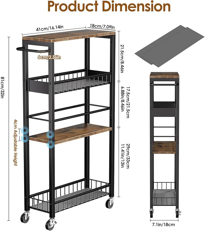 Slim Rolling Storage Cart, 4 Tier Narrow Storage Cart, 7.1in(W) | Metal Kitchen Rolling Cart for Small Spaces, Narrow Shelf for Kitchen, Laundry Room, Bathroom, Living Room - Image 7