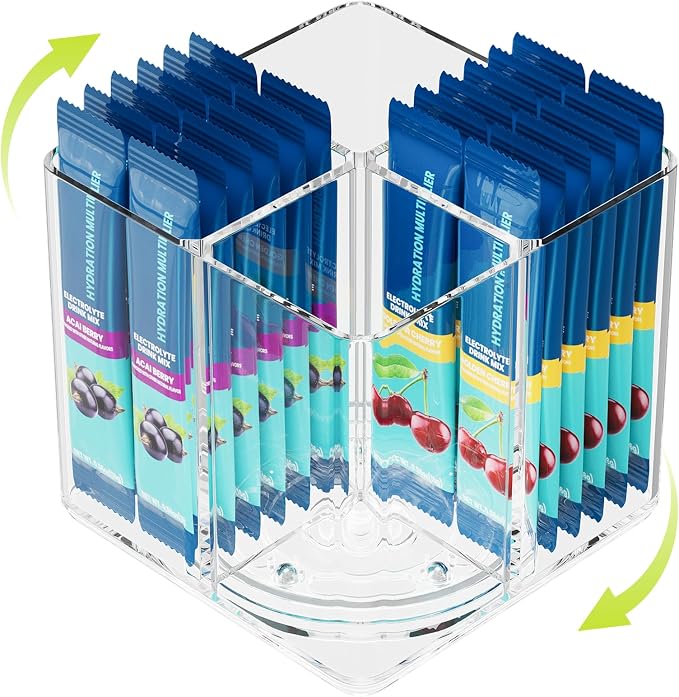 360° Rotating Acrylic Drink Packet Organizer, 4 Slot Water Flavor Packets Holder, Lazy Susan Water Packet Organizer for Drink Mix,Instant Coffee,Tea Sugar Packets Storage for Cabinet Kitchen Pantry by First-zgel