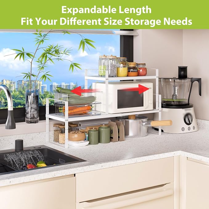 Expandable Cabinet Shelf Organizer Rack, Stackable Kitchen Counter Storage Shelves Stand, Adjustable Height Pantry Shelf Spice Rack (White-2 Pack, 8.7" D x 15.4-26.8" W x 9.8" H) - Image 7