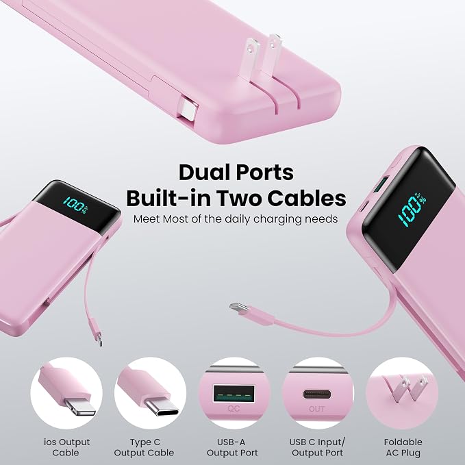 Portable Charger with Built-in AC Plug and Cables,13800mAh All in One USB C Fast Charging Power Bank,Travel Essentials Portable Phone Charger Battery Pack for iPhone 17/16/15/14/13,Galaxy,Android-Pink - Image 4