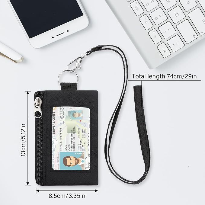 Minimalist RFID Blocking Wallet with 2 Zip Pockets and Lanyard, Water Resistant ID Case with Key Ring and Cards Badge Holder, Coin Purse Pouch for Men and Women Travel Sports -BK - Image 2