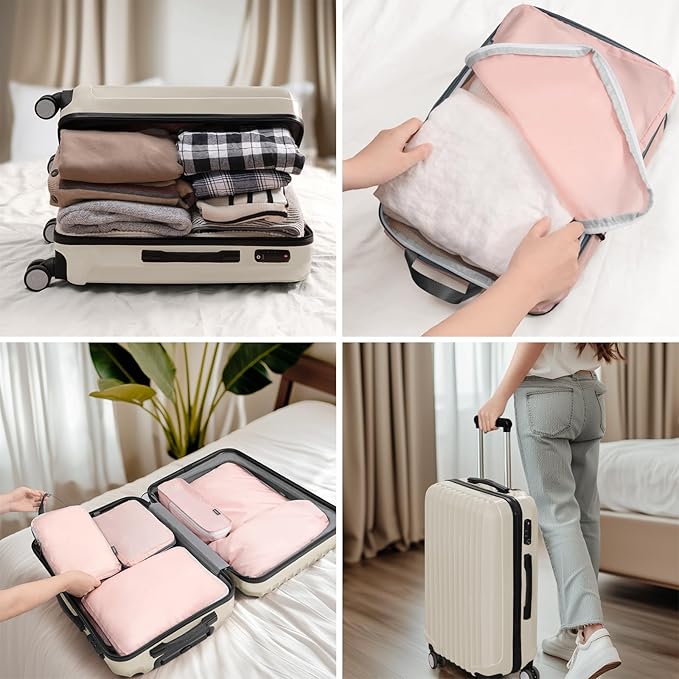 7 Set Compression Travel Packing Cubes, Travel Essentials, Pink | Travel Essentials for Suitcase, Luggage Organizer Bags for Travel with Shoe Bag,Packing Cubes for Travel Women - Image 7